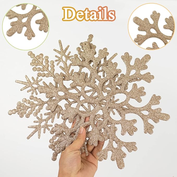 6pcs Large Champagne Gold Snowflakes Ornaments 12” Big Plastic Glitter Snowflake for Winter Indoor Outdoor Christmas Tree Window Room Decorations Giant Craft Snowflakes