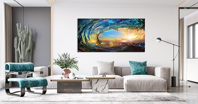 Cao Gen Decor Art S06750 Giant Wave Water Wall Art Canvas Prints 1 Panels Ocean Waves Pictures Paintings with Sunset Blue Seascape Framed for Living Room Bedroom Kicthen Office Artwork