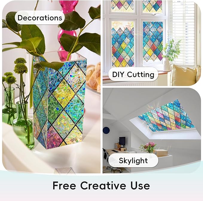 DUOFIRE Stained Glass Window Film Decorative Window Privacy Film Rainbow Diamond Grid Colorful Lattice Windows Cling Anti UV Static Cling Reusable Windows Decal for Home 23.6×78.7 inch
