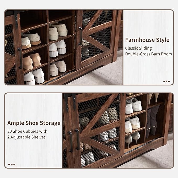 JXQTLINGMU 59" Farmhouse Hall Tree with Shoe Storage, Entryway Bench with 20 Cubbies, 12 Hooks & Sliding Barn Doors, Mudroom Coat Rack Cabinet, Brown