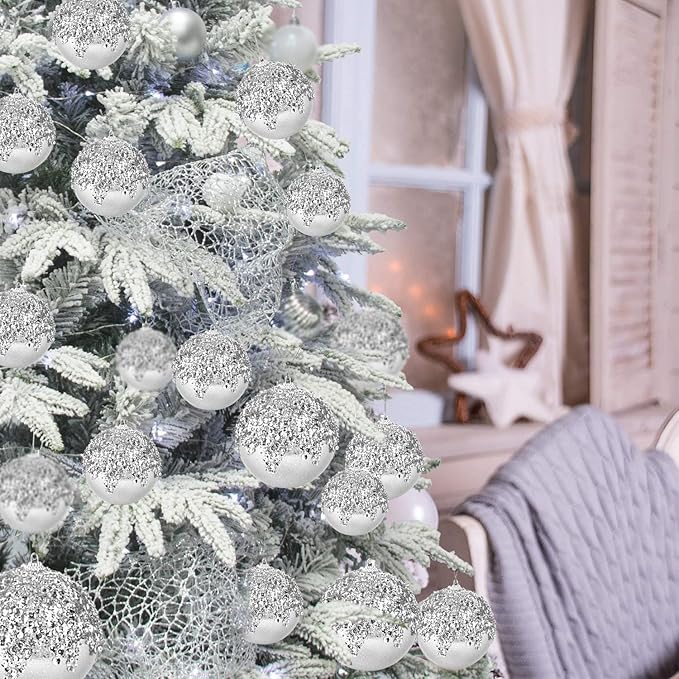 4" Christmas Ball Ornaments, 4pc Set Silver Shatterproof Christmas Decorations Tree Balls for Xmas Trees Wedding Party Holiday Decorations