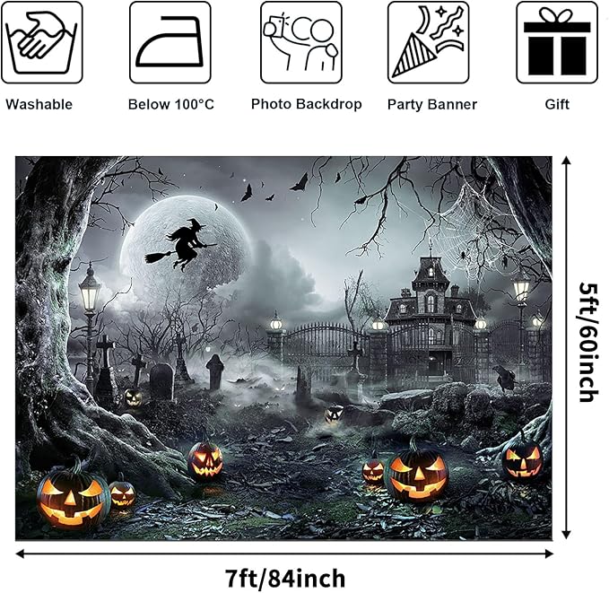 Avezano Halloween Photography Backdrop Full Moon Scary Night Castle Pumpkins Party Background Spooky Witch Bats Cemetery Child Kids Halloween Party Decorations Photoshoot Backdrops (7x5ft, Gray)