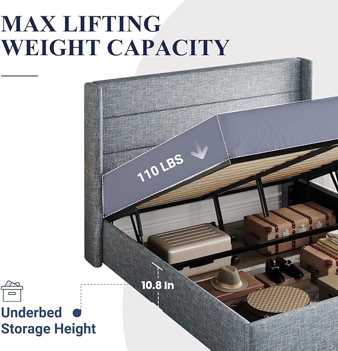 Allewie Full Size Lift Up Storage Bed, Modern Wingback Headboard, Hydraulic Support, No Box Spring Needed, Grey Blue