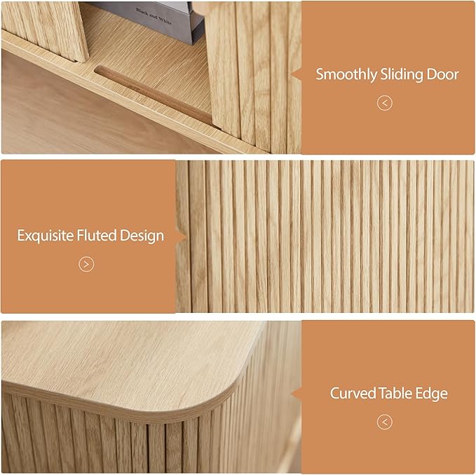 Farmhouse Square End Table with Charging Station, 24" Large Fluted Sofa Side Table with Sliding Tambour Door and Storage, Rustic Curved Wood Nightstand for Living Room, Bedroom, Natural