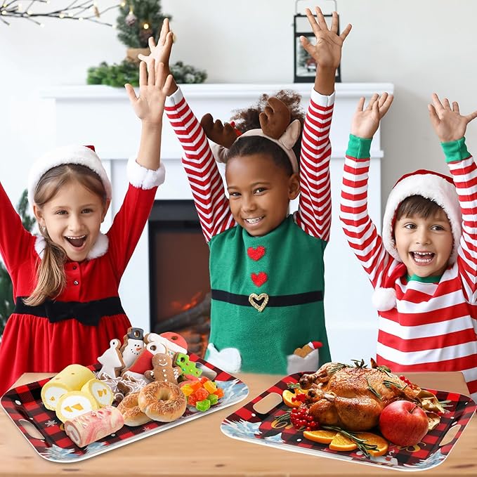 gisgfim 2PCS Christmas Serving Tray with Handles 16 X 11 Inch Large Melamine Platters Serving Dishes Rectangular Buffalo Plaid Xmas Tree Winter Holiday Food Trays for Snack Cookie Candy Dessert Plates