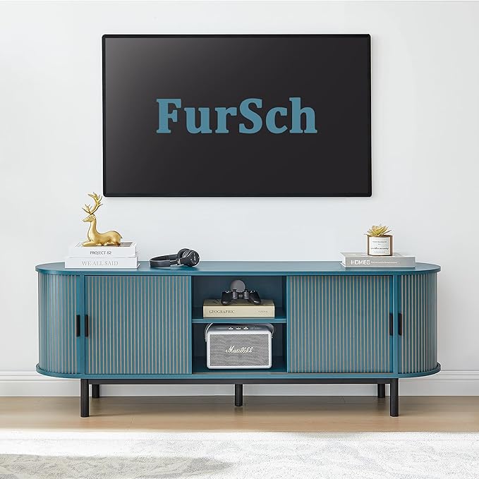 62" Tambour Door TV Stand,Wood Mid Century Modern TV Cabinet for Up to 75“ TV,Curved Edge Long TV Stand with Storage for Bedroom Living Room(62.2inch,Blue)