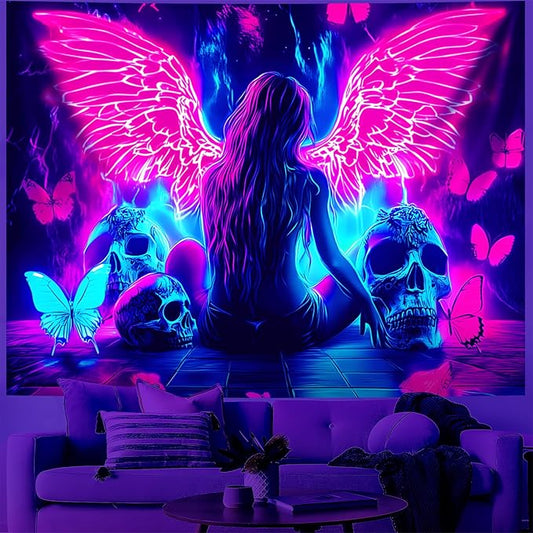 Blacklight Tapestry,WingTapestry Glow In The Dark,UV Reactive Black Light Upright Posters Wall Hanging for Bedroom Dorm Living Room Backdrop Decor (wing12, 59L" x 51W")
