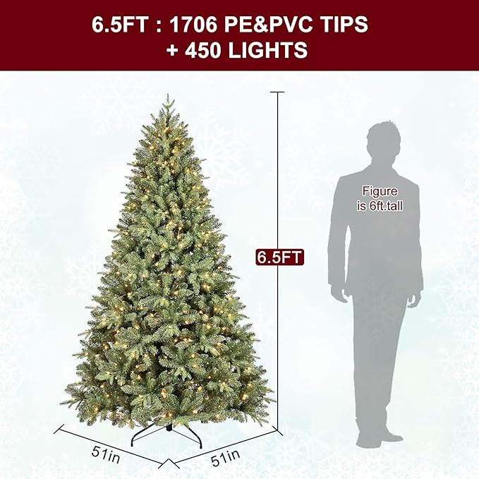 6.5 FT Pre-Lit Artificial Christmas Tree with 1706 PE&PVC Mixed Branch Tips, 450 Warm White Lights, Hinged Premium Spruce Fake Xmas Trees, Green, Foldable Base