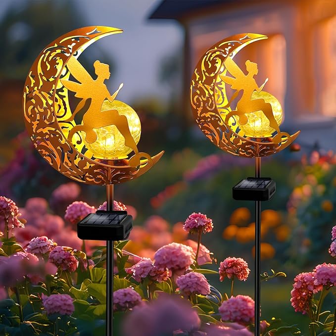 YJFWAL 2 Pack Garden Solar Lights Pathway Stake Lights Moon Fairy Glass Globe with Angel Decor, Gardening Birthday Gift for Mom Grandma Friends, Outdoor Decor Light Waterproof for Walkway, Yard, Patio