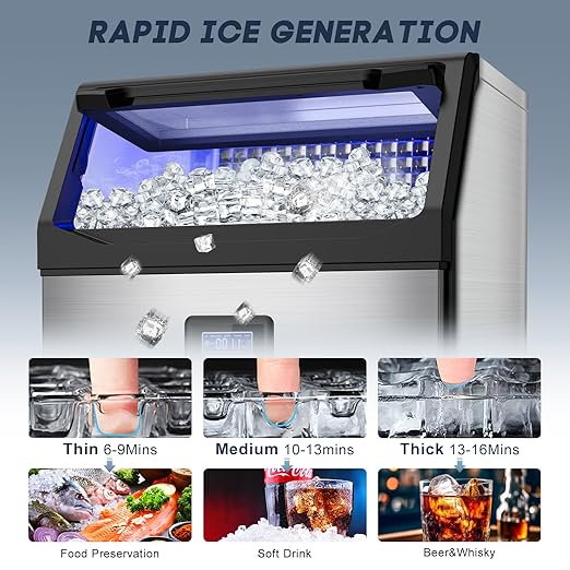 Commercial Ice Maker Machine 250LBS/24H with 75LBS Storage Bin, Stainless Steel Undercounter/Freestanding Ice Maker Machine for Home Bar Outdoor, 80PCS Ice Cubes Ice Machine, Self Cleaning