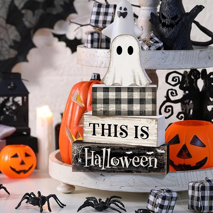 4 Pcs Ghost Halloween Decor Black and White Halloween Tiered Tray Decor Ghost Table Centerpiece Decorations Rustic Wooden Block Sign Gift for Home Shelf Kitchen Coffee Bar