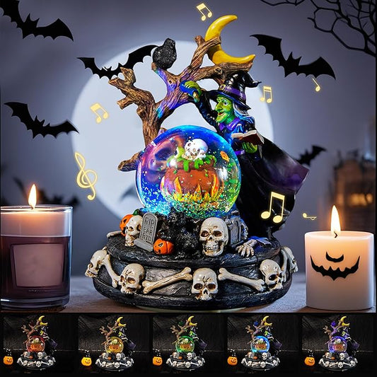 Halloween Snow Globe Lantern with Music - Lighted Witches, Ravens, Pumpkins & Black Cat Glitter Lantern, Witch Black Cat Halloween Decorations Indoor for Spooky Party Home Décor