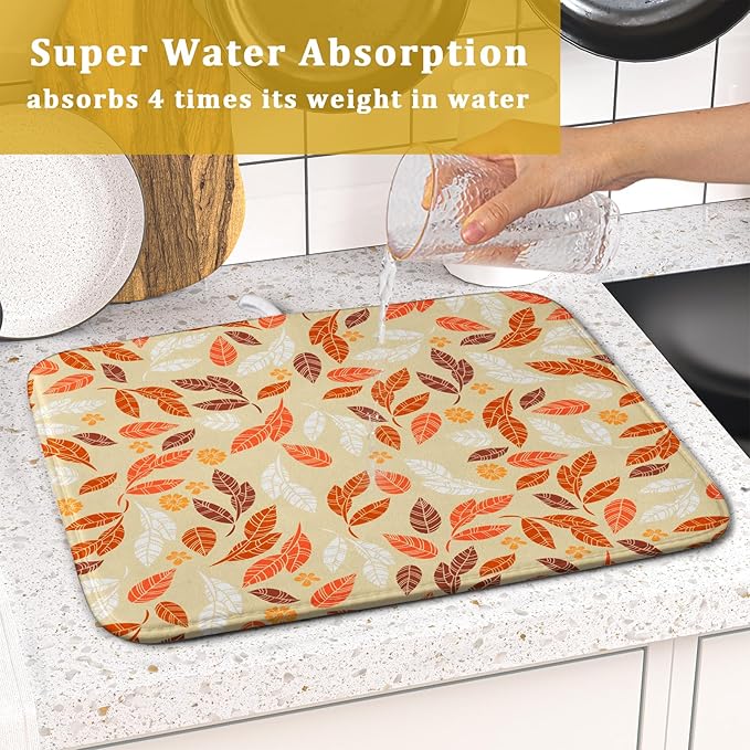 Fall Leaves Dish Drying Mat for Kitchen Counter Autumn Orange White Leaves Seasonal Super Absorbent Reversible Microfiber Kitchen Countertop Protector Dishes Pad Small 16x18 inch