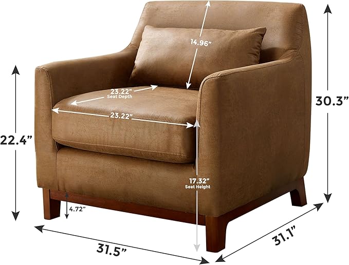 Extra Deep Accent Chair, Comfy Fabric Armchair with Wood Base, Upholstered Single Sofa Chair for Living Room & Bedroom, Faux Leather Brown