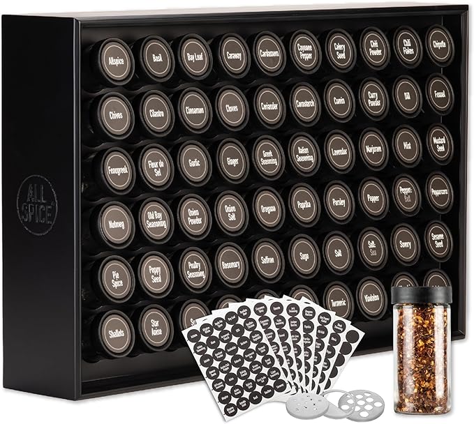 AllSpice Spice Rack Organizer, Wood, 525 Unique Labels, Countertop or Wall Mount, Includes 60 4oz Jars- Matte Black