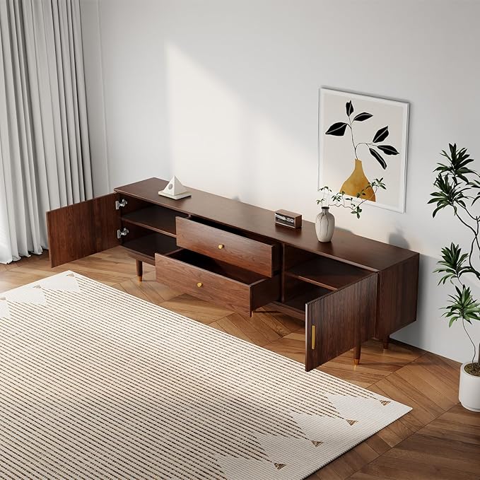 Mid Century Modern TV Stand for 75 inch TV, 70.9" Walnut TV Console with 2 Storage Cabinet & 2 Drawers, Entertainment Center, Media Console for Living Room/Bedroom