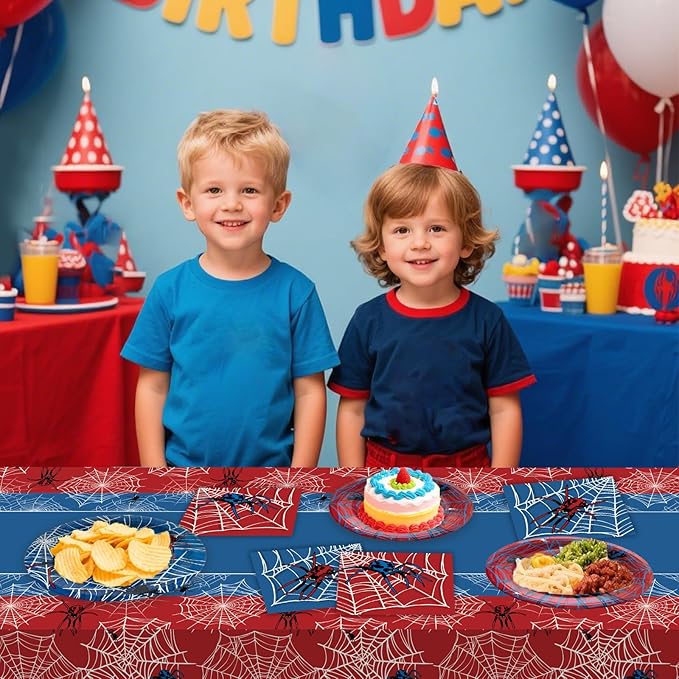 3 Pcs Spider Birthday Party Tablecloth 54 x 108 inch Plastic Table Cloth Disposable Red and Blue Tablecloth Rectangle Table Cover for Spider Birthday Party Decorations Halloween Supplies