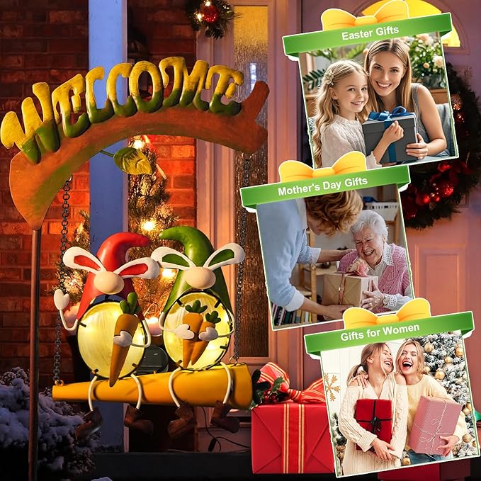 HONGLAND Solar Lights Outdoor Decor, Gnomes Swing Garden Decor, Funny Gardening Gifts for Women Mom, Gnome Outdoor Decorations with Welcome Sign for Front Porch Patio