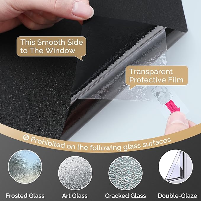 DOWELL Blackout Window Film, 100% Light Sun Blocking Static Cling Frosted Privacy Film for Glass, Heat Control Removable Window Tint, Room Darkening Cover for Day Sleep, Black, 23.6" x 157.5"