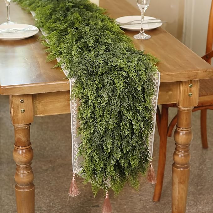 9FT Real Touch Cedar Garland - Artificial Christmas Garland Fake Green Faux Thick and Lush Pine Needles Garlands for Table Fireplace Mantle Holiday Home Indoor Outdoor Decor (1PCS)