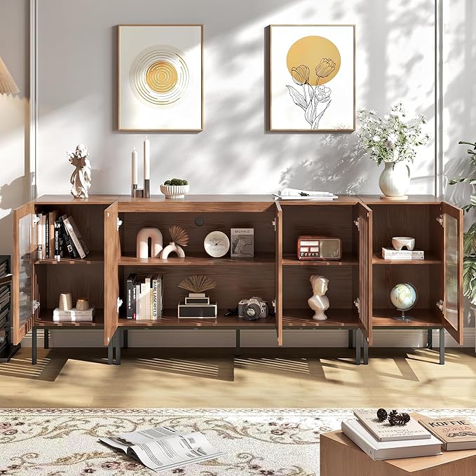 Farmhouse TV Stand for TVs up to 85 Inch, Entertainment Center TV Console with Storage Cabinets and Glass Doors,Media Console for Living Room, Brown