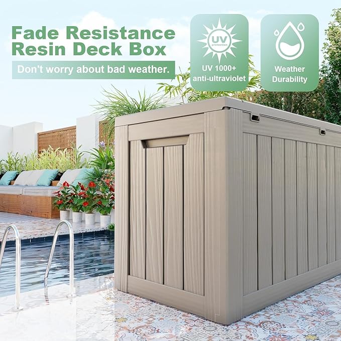 81 Gallon Outdoor Storage Box Waterproof, UV Resistant Resin Deck Box with Hydraulic Rod, Lockable Design and Enhanced Durability for Patio, Garden, and Poolside Use