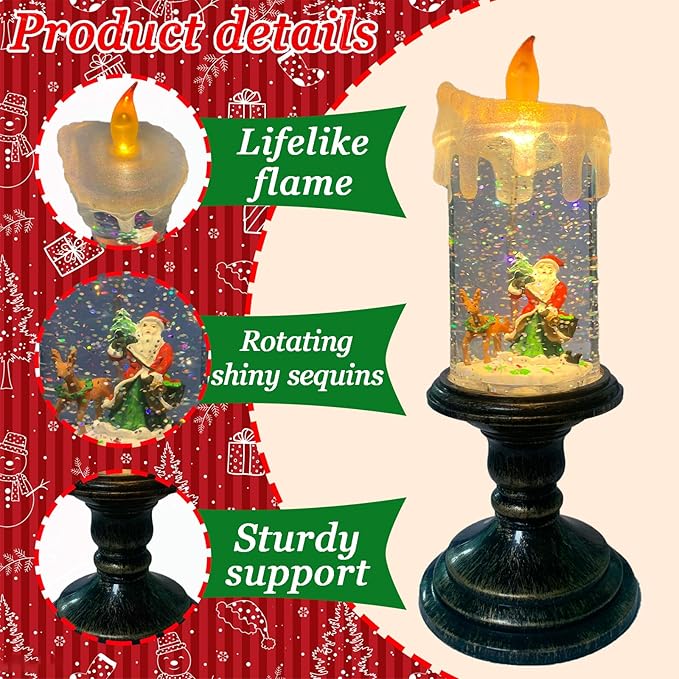 Flameless Snow Globe Candle Light Christmas Santa Decoration with Swirling Water & Glitter, Spinning LED Candles for Home, Tabletop, Holiday Decor