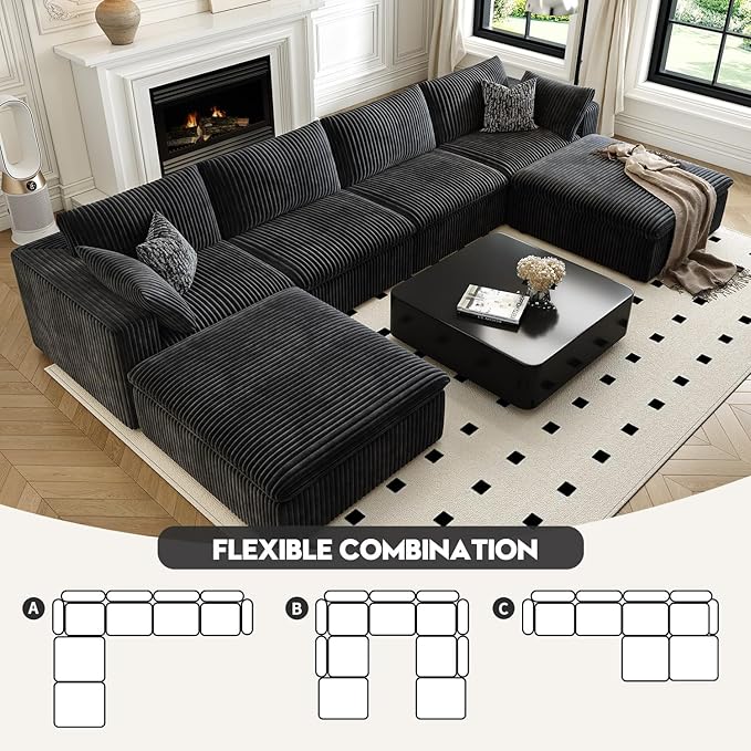 157.5" Cloud Couch Oversized Modular Sectional Sofa for Living Room,Modern Sofa with Deep Seat，U-Shape Boneless Couch with 2 Ottoman,Comfy Upholstered Couches for Apartment, Studio, Office,Black