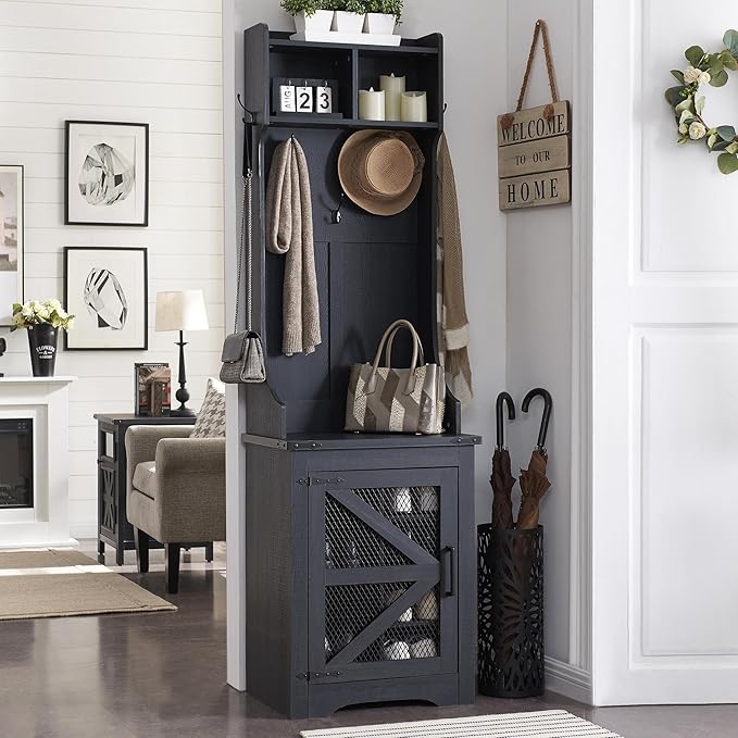 JXQTLINGMU 23" Farmhouse Hall Tree with Shoe Storage, Entryway Bench with 6 Cubbies, 5 Hooks & Barn Doors, Mudroom Coat Rack Cabinet, Black