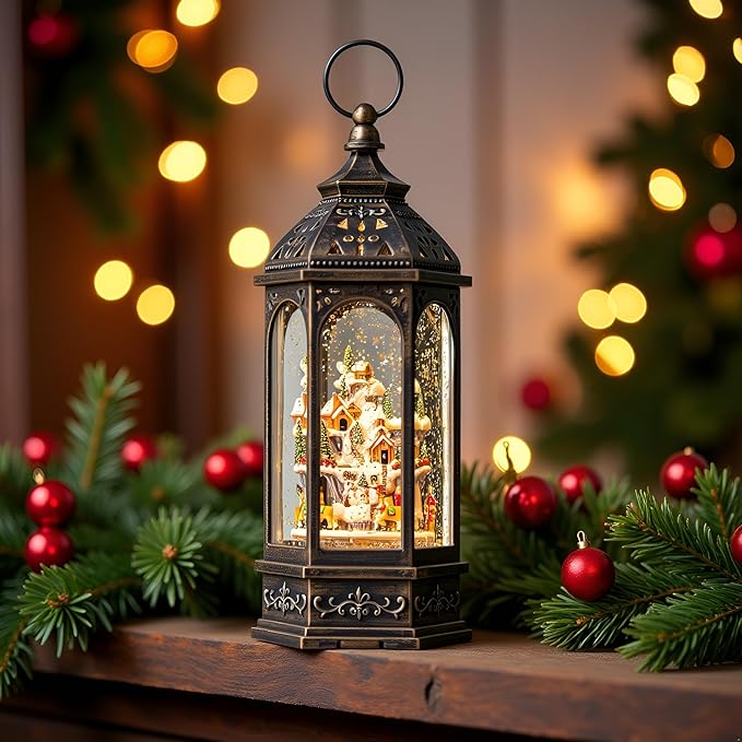 Animated Christmas Village Buildings with Moving Figurines Lighted Water Lantern, USB Lined/Battery Operated Snow Globe for Christmas Festival Decoration Gifts