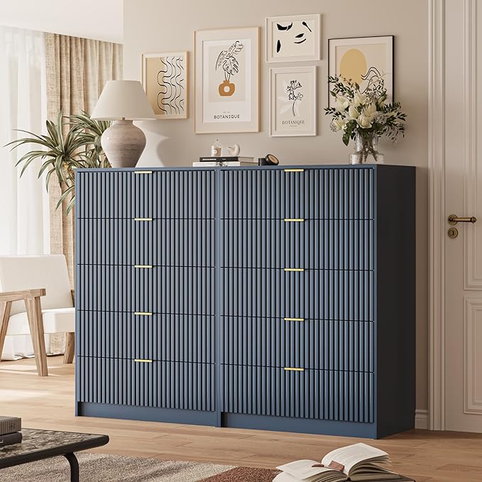 5 Drawer Dresser for Bedroom, Tall Dresser Chest of Drawers with Gold Handles, 32 Inch Wide Nightstand with for Bedroom, Living Rooms, Offices, and Entryways, Navy Blue