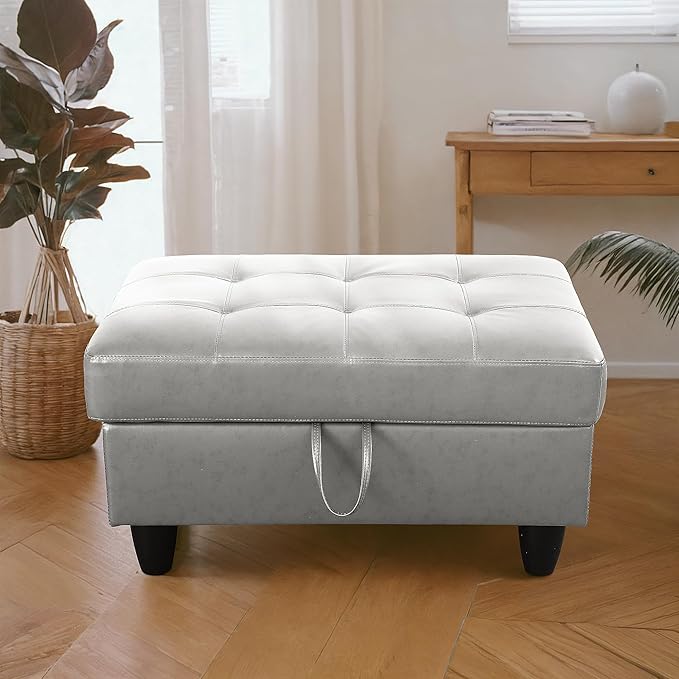 Ottoman Rectangular Storage Ottoman Bench, Faux Leather Footrest, Coffee Table, Stool Footstool with Hinged Lid for Living Room, Bedroom, Entryway, Silver, 35"x23.5"x17.5"