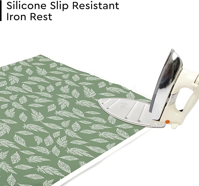 Encasa XO Ironing Mat/Pad (Large 48"x28") with 3mm Padding & Silicone Iron Rest for Steam Pressing on Tabletop or Bed - Heat Resistant, Portable, Quilting & Travel Blanket - Big Leaves Green