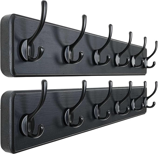 Dseap Wall Mounted Coat Rack: 24" Long, Patented, Heavy-Duty, 6-Double-Hooks Wooden Hanger Rail for Winter Coats, Hat, Jacket, Clothing - Black, Pack of 2