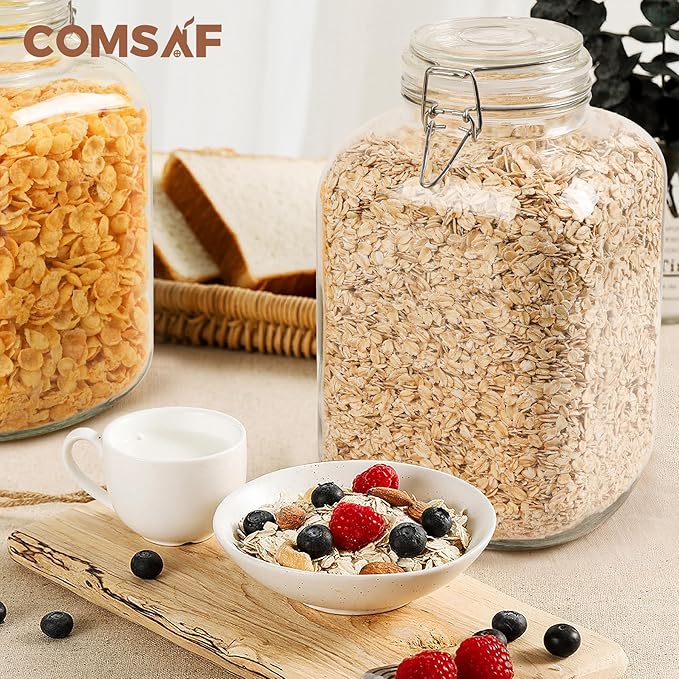 ComSaf 1 Gallon Glass Jar with Lid, Flour Sugar Storage Containers 128oz, Cereal containers storage, Glass Jars with Airtight Lid, Large Storage Containers with Lids for Pickled Egg, Herb, Set of 2
