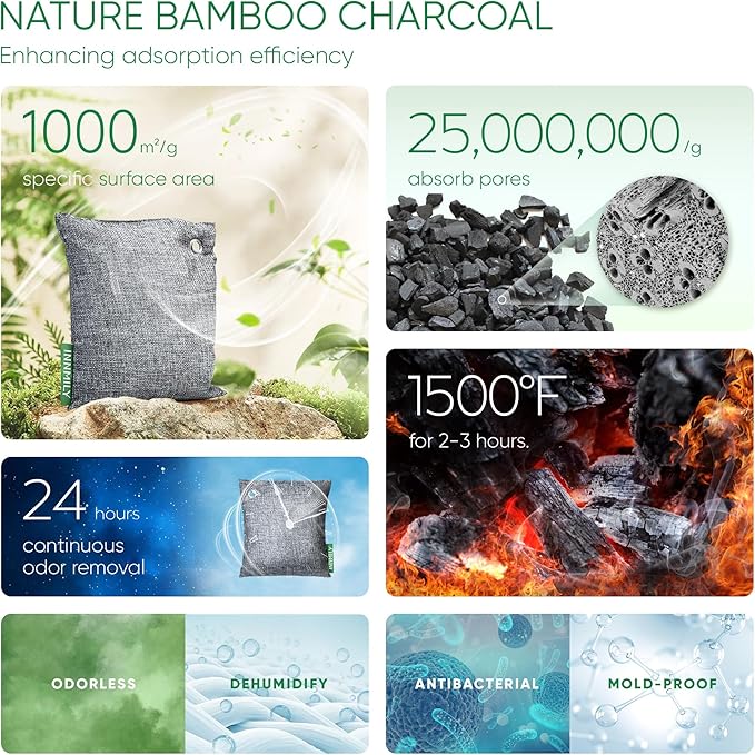Activated Charcoal Odor Absorber, Odor Eliminator for Strong Odor,Bamboo Charcoal Air Purifying Bags for Home Car Closet Pet, Smoke Room Deodorizer (4 x 200g, Unscented)
