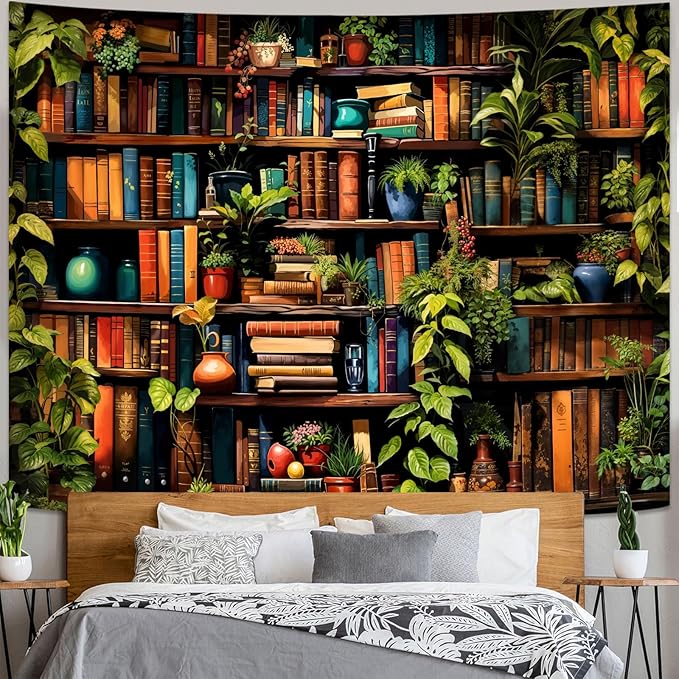 Accnicc Botanical Bookshelf Tapestry Lush Green Plant Book Shelf Tapestries Wall Hanging Art Vintage Retro Potted Plants Academics Library Book Tapestry for Bedroom Living Room Dorm 80 x 60 inch