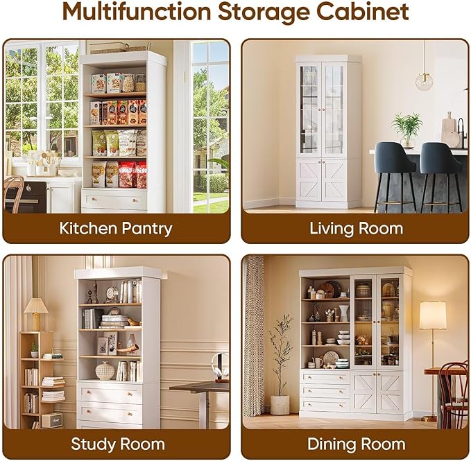 Vyre 71" Tall Farmhouse Bookshelves with Drawers, Large Modular Bookcase with Adjustable Shelves, Storage Cabinet for Living Room, Kitchen, Home Office, White