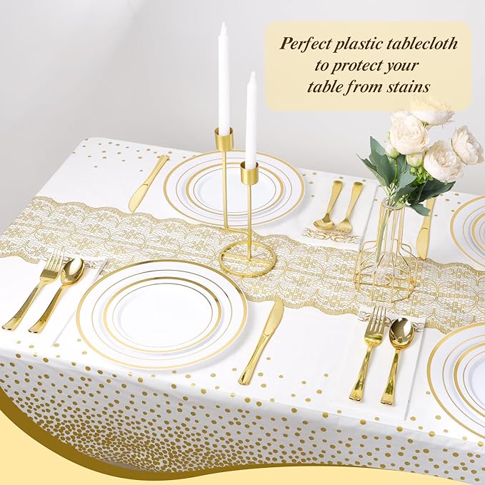 Goodluck 54 Inch X 300 Feet Plastic Table Cloths with Cutter Box, Gold Disposable Table Cover Roll, Plastic Tablecloth for Party, Wedding, Birthday, Anniversary, Thanksgiving, Christmas White Gold Dot