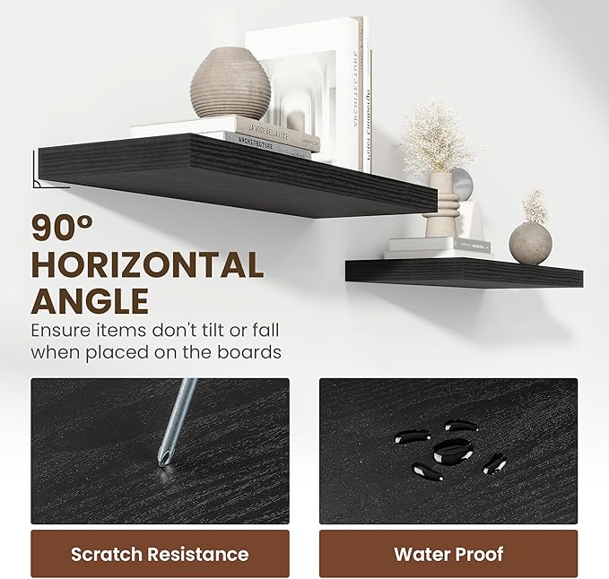 36 Inch Floating Shelves, 11.6 Inch Deep Floating Shelves for Wall, Floating Shelf with Invisible Brackets, Deep Shelves for Bathroom, Bedroom, Living Room, 2 Pack, Black