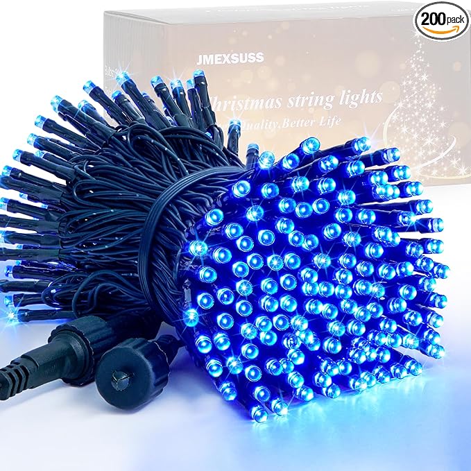JMEXSUSS 200 LED Blue Christmas Lights Outdoor, Expandable 66ft Christmas String Lights Green Wire, 8 Modes Twinkle Xmas Tree Light Plug in for Party Indoor Ceiling Beroom Patio Fence Yard Decor