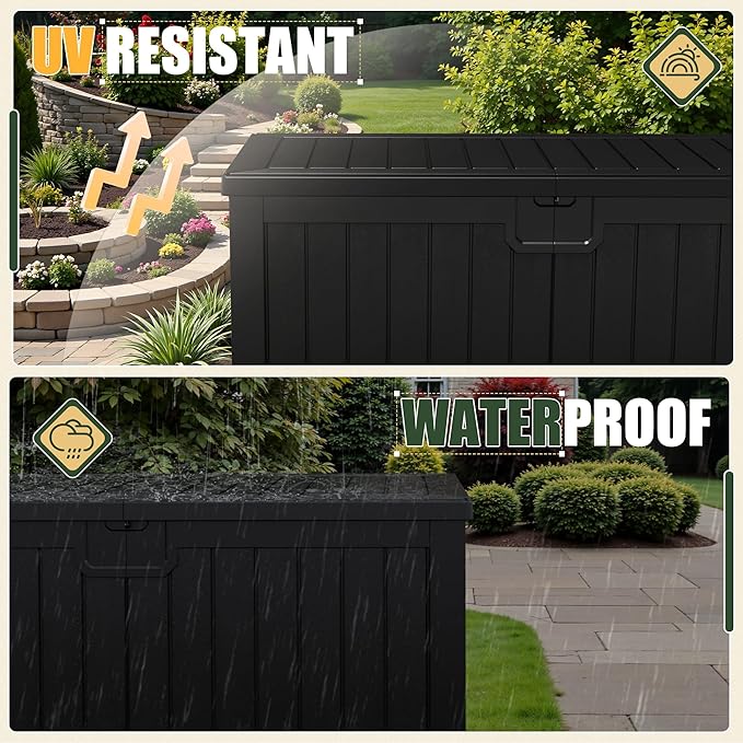 JUMMICO 250 Gallon Outdoor Resin Deck Box with Divider, Waterproof Storage Box with Lockable Lid&Side Handles for Garden Tools, Pools Supplies (Black)