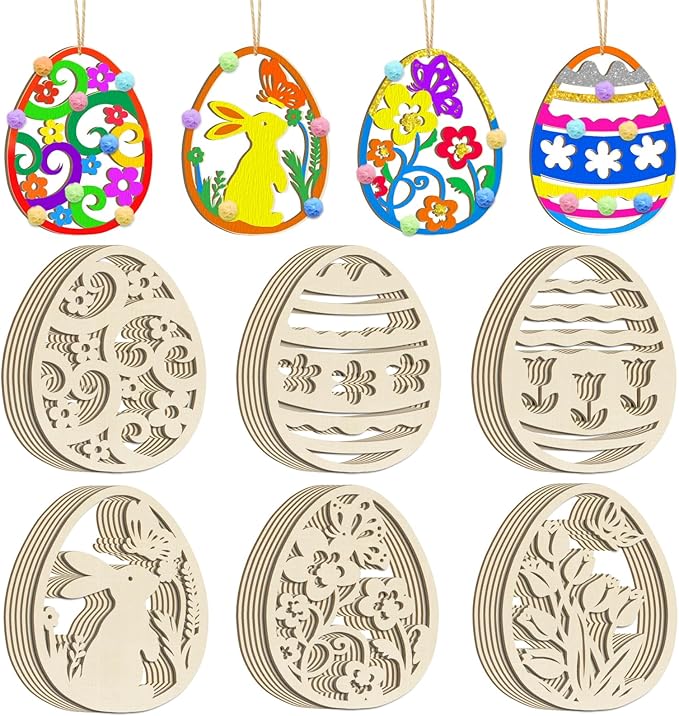 36PCS Wooden Easter Ornaments to Paint, 6 Styles DIY Blank Unfinished Wood Egg Cutouts Ornament for Crafts Hanging Decorations Happy Easter Hallow Egg Rabbit Bunny Butterfly Flower Hen