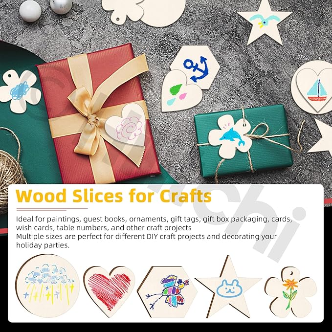 Hilitchi 200Pcs Multi Shape Unfinished Wooden Crafts DIY Wooden Cutouts Star Flower Circle Hexagon Heart Shapes Unfinished Wood Slices Ornament for DIY Crafts Home Decorations