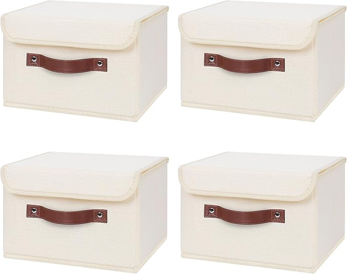 ANMINY 4PCS Storage Bins with Lid PU Leather Handles Storage Boxes PP Plastic Board Decorative Foldable Lidded Cotton Linen Fabric Home Cubes Baskets Closet Organizer Containers - Beige, Small Size