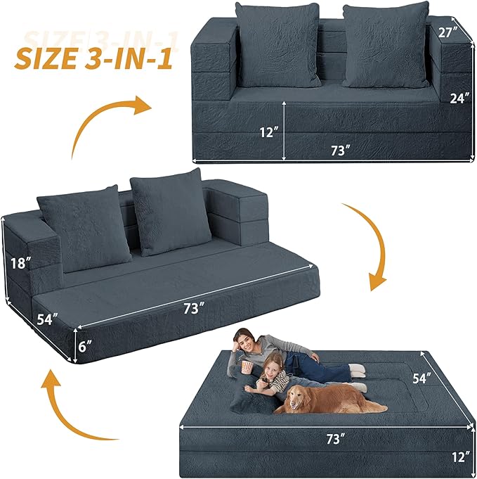 Folding Bean Bag Chair for Adults,3-in-1 Bean Bag Couch Faux Fur Floor Sofa Large Beanbag Convertible Bean Bag Sofa Bed with Pillow in Bedroom,Living Room,Apartment(Queen,Dark Grey)