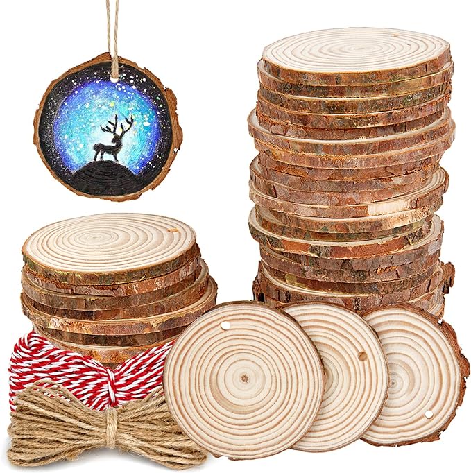 30 Pieces 2.4"-2.8" Natural Wooden Slices, Colovis Unfinished Wood Circles with Holes Tree Bark Round Log Discs DIY Crafts Hanging Ornaments (2.4"-2.8" 30Pcs, Natural)