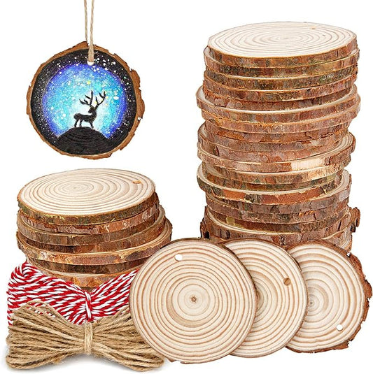 30 Pieces 2.4"-2.8" Natural Wooden Slices, Colovis Unfinished Wood Circles with Holes Tree Bark Round Log Discs DIY Crafts Hanging Ornaments (2.4"-2.8" 30Pcs, Natural)