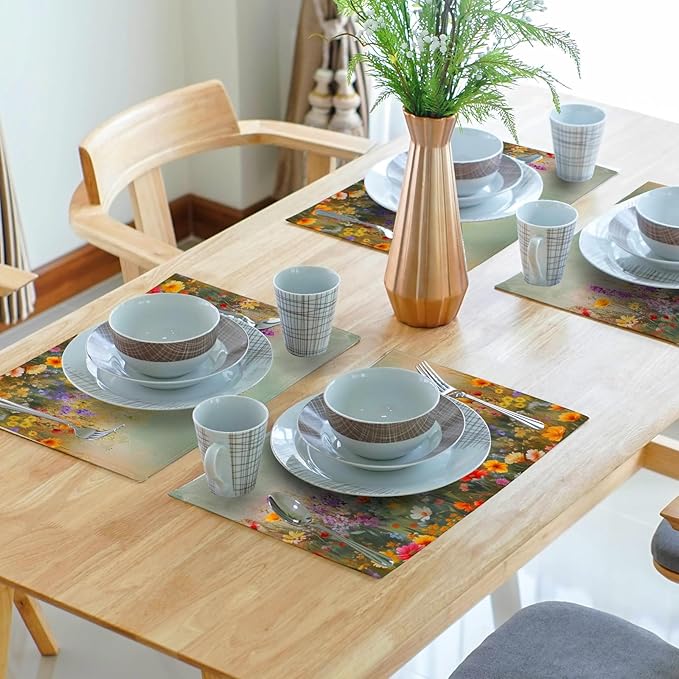 Floral Placemats Set of 4 Spring Summer Wild Flower Washable Non-Slip Heat Resistant Place Mats 12x18 Inch Vintage Rustic Linen Table Mats for Kitchen Dining Party Decor