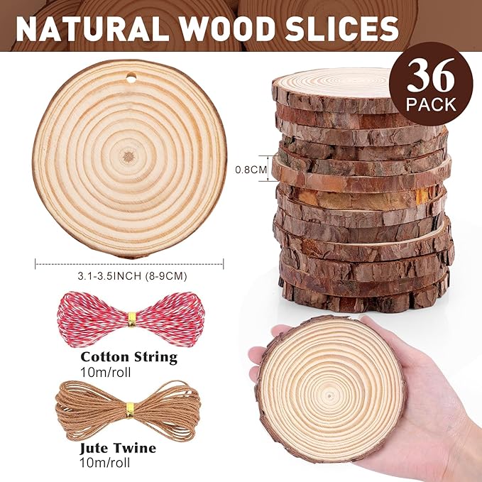 36 Pack Nature Wood Slices for Crafts,3.1-3.5In Unfinished Natural Wood Rounds.Wood Circles Predrilled with Hole and 20m Rope for Wooden Craft Supplies,Painting,Wooden Ornaments,DIY Gifts